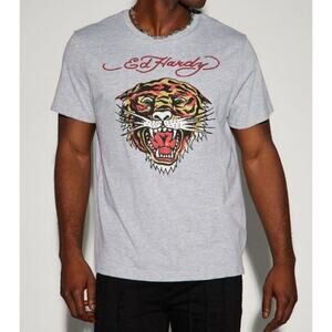 Ed Hardy NEW W/ Tags Light Gray Rhinestone Retro Y2K Tiger T-shirt Men's Size M
